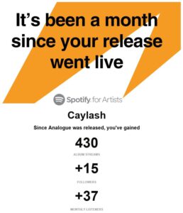 Auswertung Abrufe Caylash auf Spotify für ersten Monat nach Release